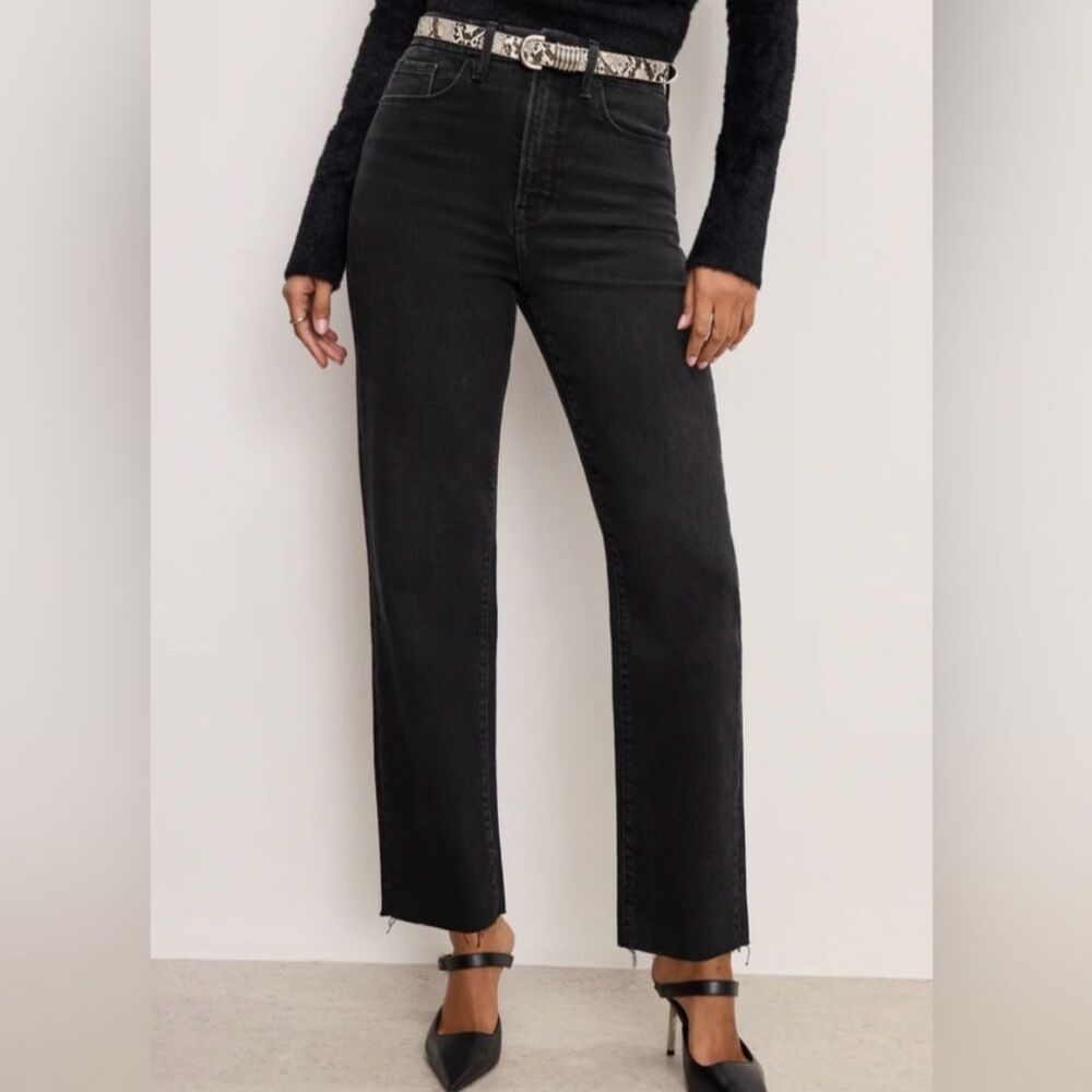 NWT Good American Good Boy Straight Cropped Jeans Raw Hem High Rise Black sz 20
